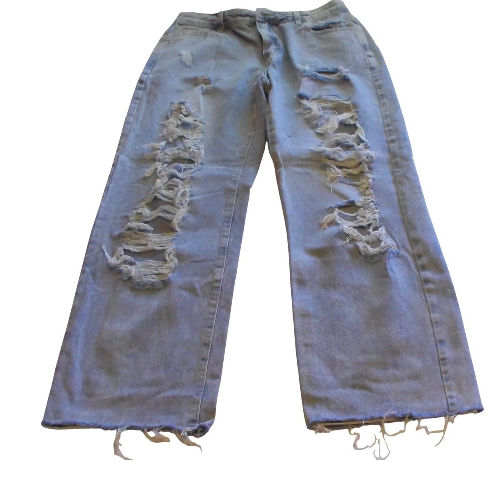SHEIN Light Wash Distressed Ripped Straight Leg Jeans Size 32 Frayed Hem Blue